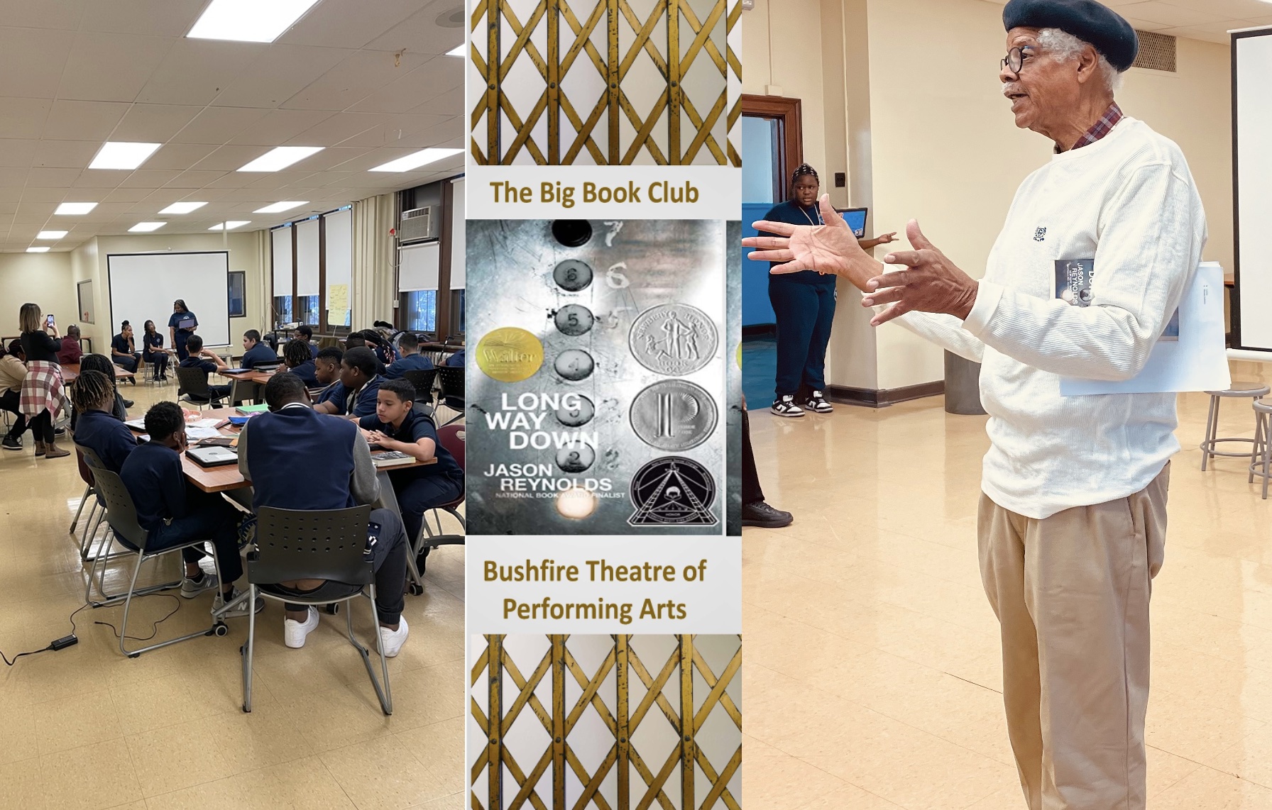 Older Black man pointing to Big Book Club promotional poster in a student cafeteria.