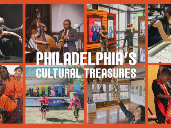 Photo collage of eight Philadelphia's Cultural Treasures grantees engaging in various forms of art (dance, drums, paint)