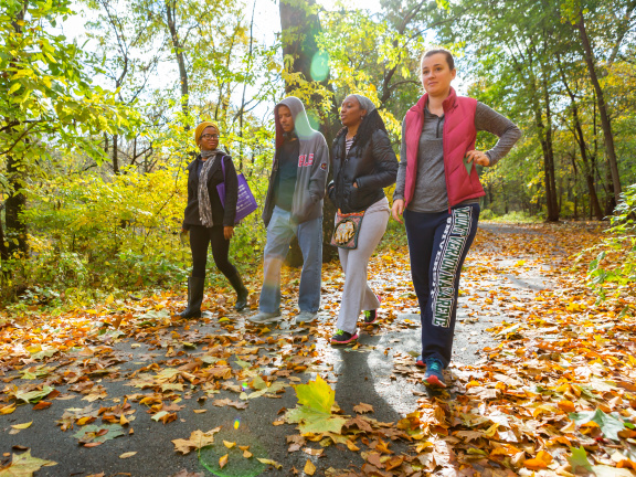 Four adults walking on the Circuit Trails in autumn