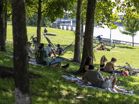 People out enjoying the weather along Schuylkill River in Philadelphia