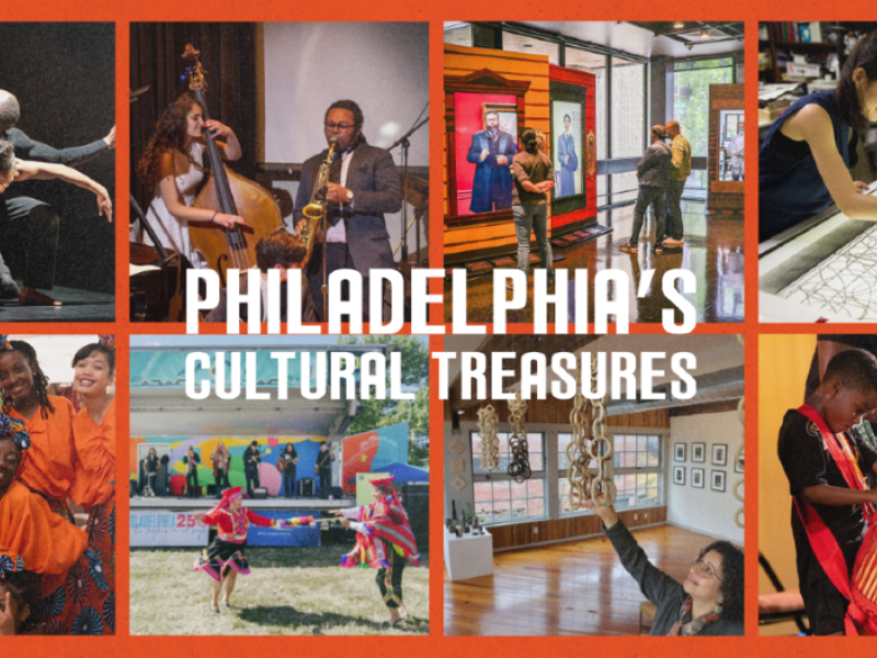 Photo collage of eight Philadelphia's Cultural Treasures grantees engaging in various forms of art (dance, drums, paint)