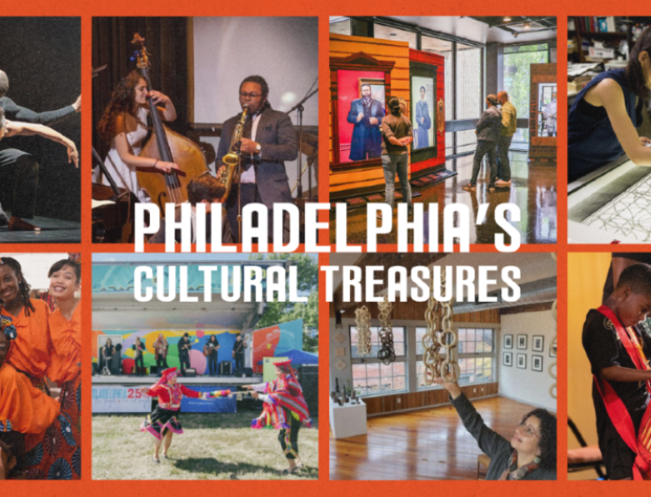 Photo collage of eight Philadelphia's Cultural Treasures grantees engaging in various forms of art (dance, drums, paint)