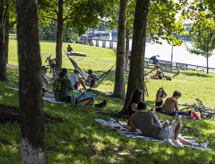 People out enjoying the weather along Schuylkill River in Philadelphia