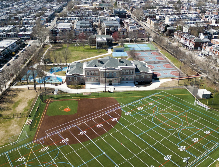 Kingsessing Recreation Center and Library drone arial shot of buildings and field. 